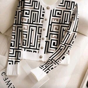 Geometric Black and White Long Sleeve Cardigan, Small